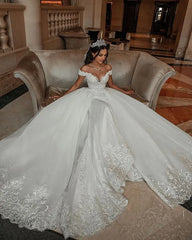 Elegant Off Shoulder V Neck Lace Applique Popular Bridal Long Wedding Dresses, CPD013
