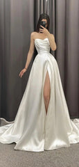 Elegant Strapless Side Slit Pleats Popular Long Bridal Dress, Wedding Dresses, CPD048