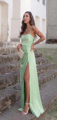 Elegant Sage Mermaid Spaghetti Straps Side Slit Maxi Long Party Prom Dresses,Evening Gowns,FM122