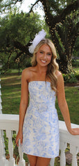 Elegant Embroidered Blue Flower Strapless Popular Short Homecoming Prom Dress, CPH243