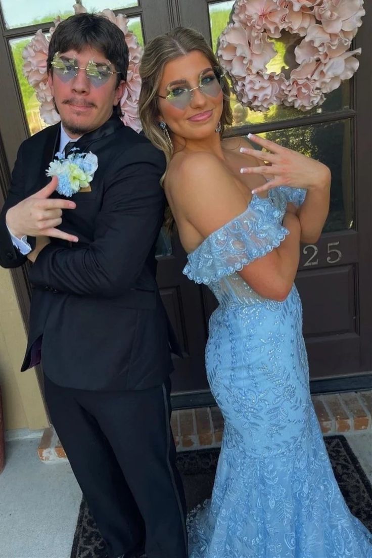 Elegant Sky Blue A-Line Sweetheart Off Shoulder Lace Long Party Prom Dresses, Evening Gowns, FM171