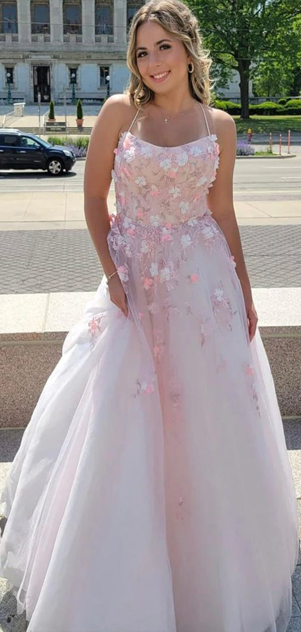 Elegant Light Pink A-Line Spaghetti Straps Lace Up Applique Maxi Long Party Prom Dresses, Evening Gowns, FM181