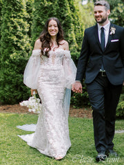 Elegant Off-shoulder 3/4 Sleeve With Train Lace Popular Long Bridal Dress, Wedding Dresses, CPD191
