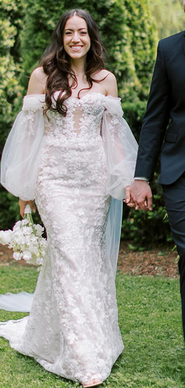 Elegant Off-shoulder 3/4 Sleeve With Train Lace Popular Long Bridal Dress, Wedding Dresses, CPD191