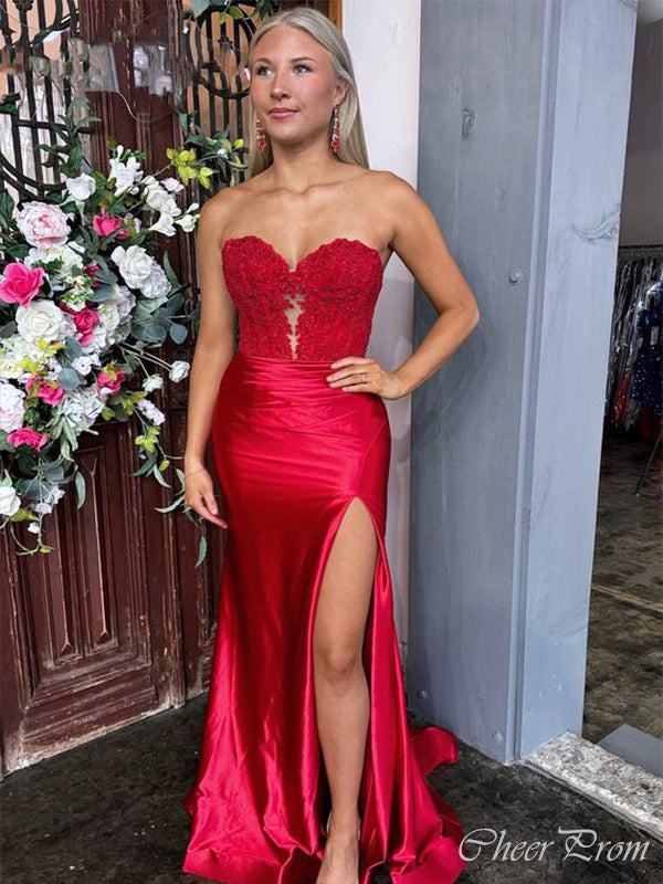 Charming Red Mermaid Sweetheart Sleeveless Side Slit Applique Maxi Long Party Prom Dresses, Evening Gowns, FM294
