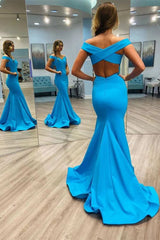 Elegant Blue Off Shoulder V Neck Sleeveless Maxi Long Party Prom Dresses, Evening Gowns, FM323