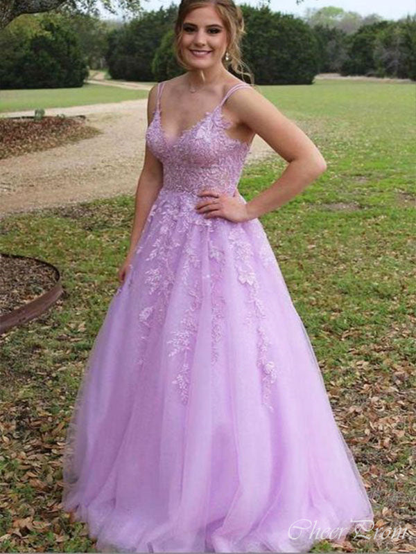 Elegant Purple Spaghetti Straps V Neck Sleeveless Applique Maxi Long Party Prom Dresses, Evening Gowns, FM345