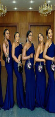 Elegant Blue Mermaid One-Shoulder Sleeveless Dresses for Maid of Honor, Bridesmaid Dresses, CP372