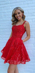 Elegant Red A-Line Mermaid Square Lace Popular Short Homecoming Prom Dress, CPH258