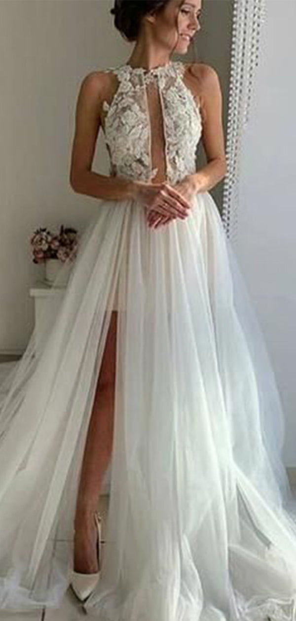 Elegant Halter A-Line Sleeveless With Train Lace Popular Long Bridal Dress, Wedding Dresses, CPD193