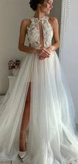 Elegant Halter A-Line Sleeveless With Train Lace Popular Long Bridal Dress, Wedding Dresses, CPD193