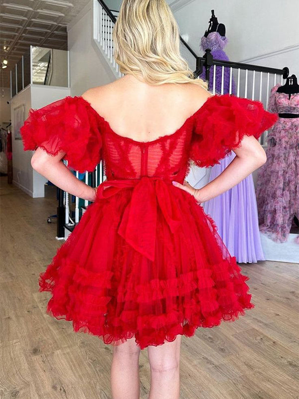 Cute Red Ball Gown Short Sleeve Pleats Popular Short Homecoming Prom Dress, CPH261