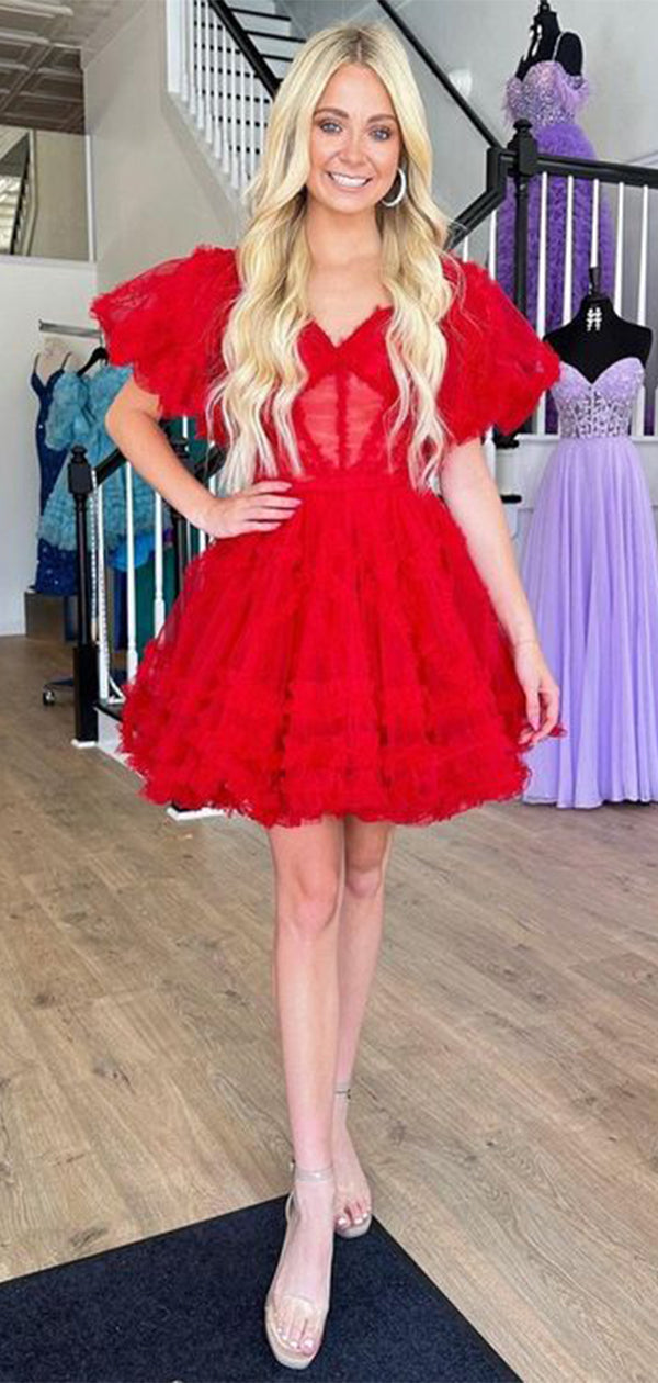 Cute Red Ball Gown Short Sleeve Pleats Popular Short Homecoming Prom Dress, CPH261