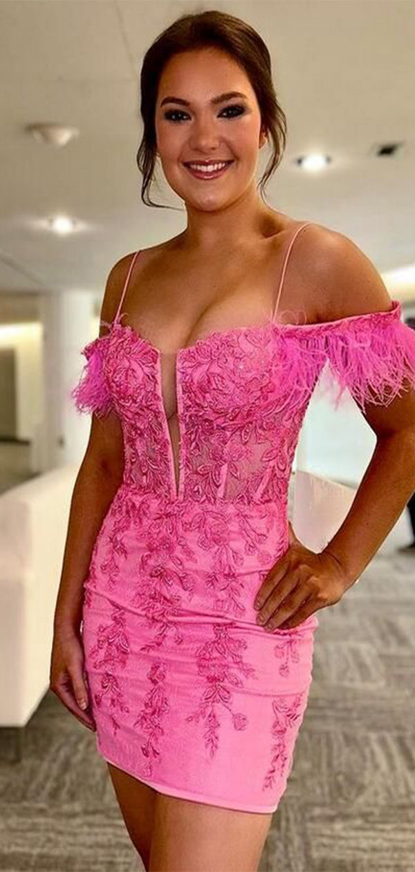 Cute Pink Mermaid Off-Shoulder Lace Short Sleeve Pleats Popular Short Homecoming Prom Dress, CPH262