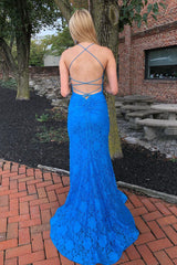 Charming Blue Mermaid Halter Applique Lace Up Maxi Long Party Prom Dresses,Evening Gowns,FM49