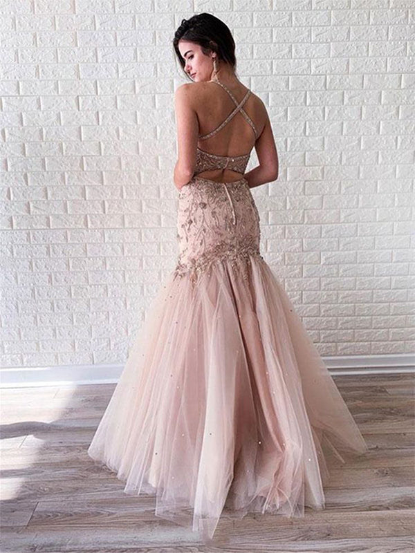 Elegant Pink Mermaid Spaghetti Strap Criss Cross Popular Maxi Long Evening Gowns, Formal, Birthday Party, FM482