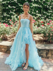 Elegant Blue A-Line Spaghetti Straps Side Slit Applique Maxi Long Party Prom Dresses,Evening Gowns,FM80