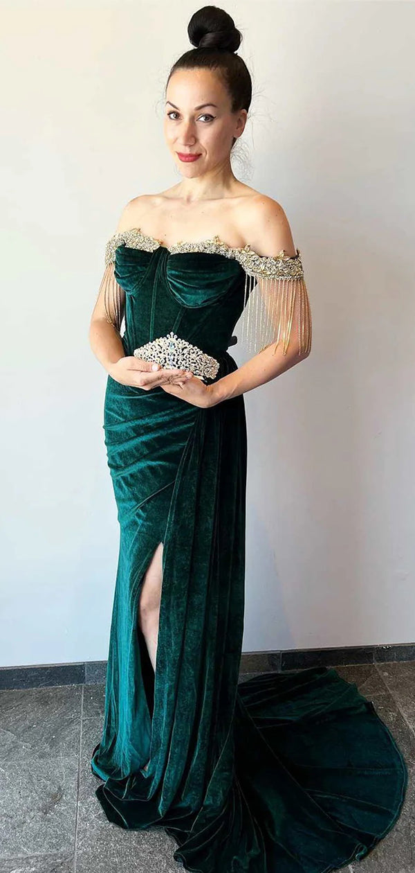 Elegant Green Mermaid Off&nbsp;Shoulder Side Slit&nbsp;Popular Maxi Long Party Prom Dresses,Evening Dress Online, FM525