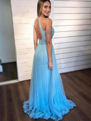 Elegant Baby Blue A-Line Halter Popular Maxi Long Party Prom Dresses,Evening Dress Online, FM523