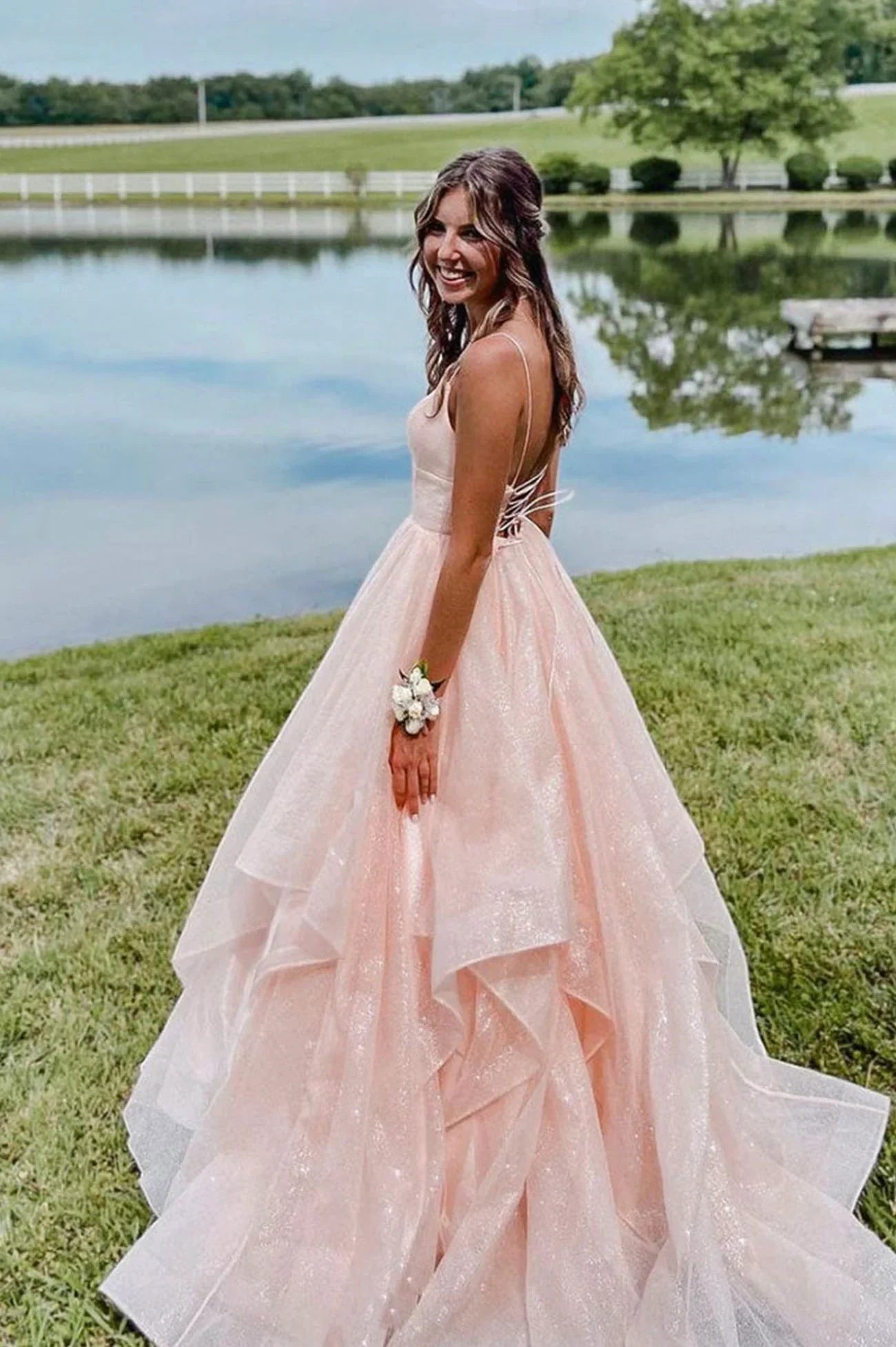 Elegant Pink A-Line V Neck Spaghetti Straps Lace Up Long Party Prom Dresses,Evening Gowns,FM86