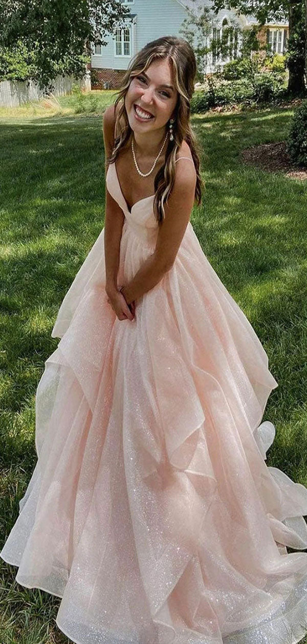 Elegant Pink A-Line V Neck Spaghetti Straps Lace Up Long Party Prom Dresses,Evening Gowns,FM86