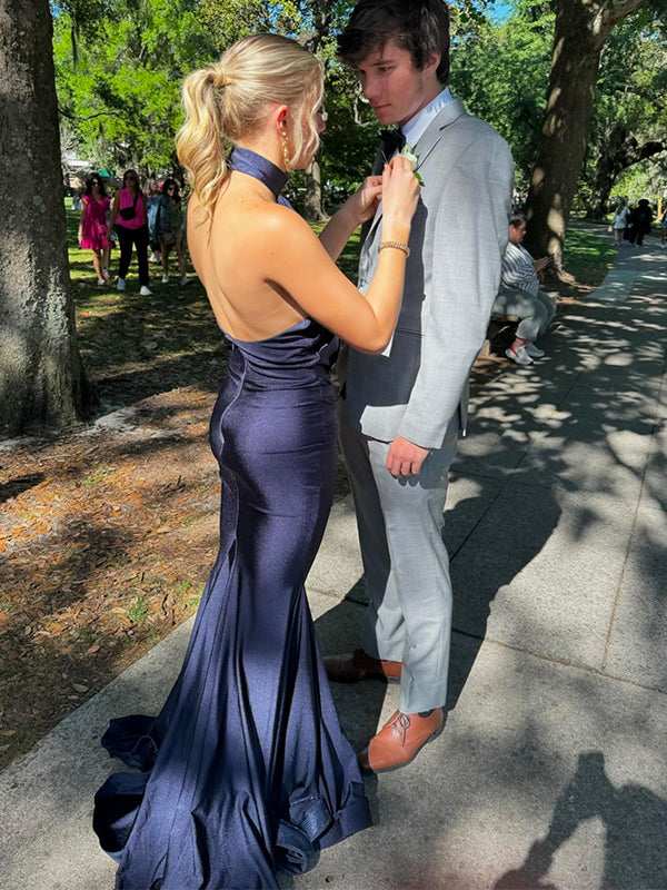 Elegant Blue Halter Mermaid Popular Maxi Long Party Prom Dresses,Evening Dress Online, FM545
