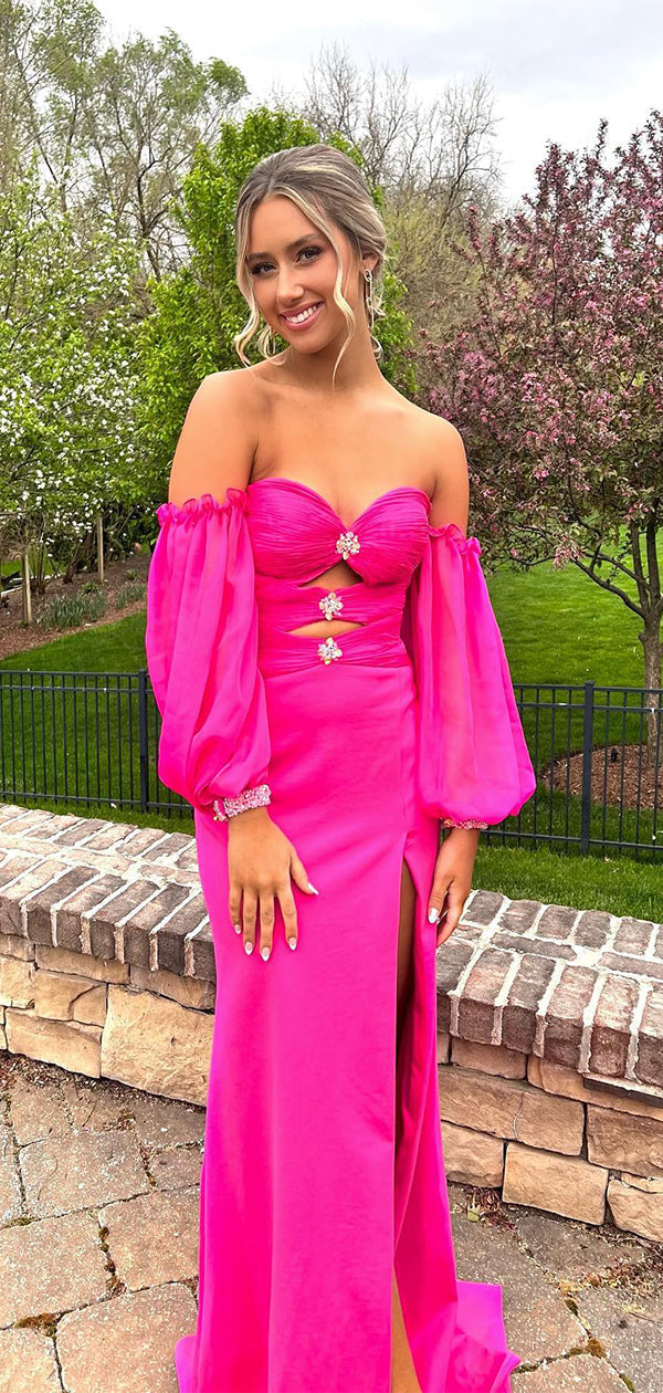 Elegant Pink Off Shoulder Mermaid Side Slit&nbsp;Popular Maxi Long Party Prom Dresses,Evening Dress Online, FM547