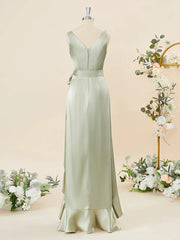 Elegant Sage Mermaid V Neck Short Front Long Back Maxi Long Party Prom Dresses,Evening Gowns,FM91