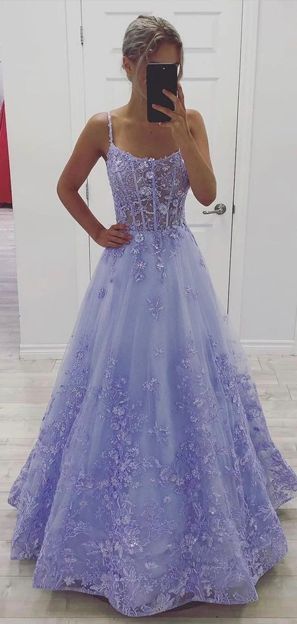 Elegant Lilac A-Line Spaghetti Straps Applique Sequin Maxi Long Party Prom Dresses,Evening Gowns,FM97