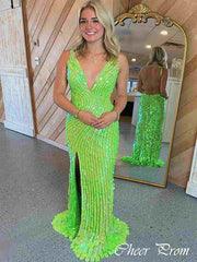 Elegant Lime Green V-Neck Mermaid Side Slit Popular Maxi Long Party Prom Dresses, FM569