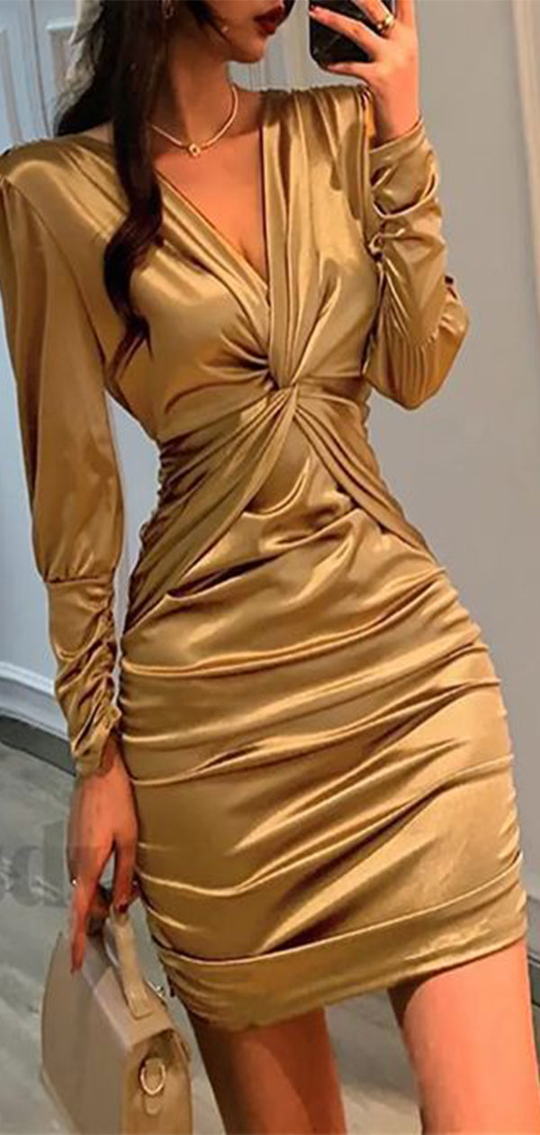 Elegant Golden V-Neck Tight Pleats Long Sleeve Popular Short Homecoming Prom Dress, CPH306