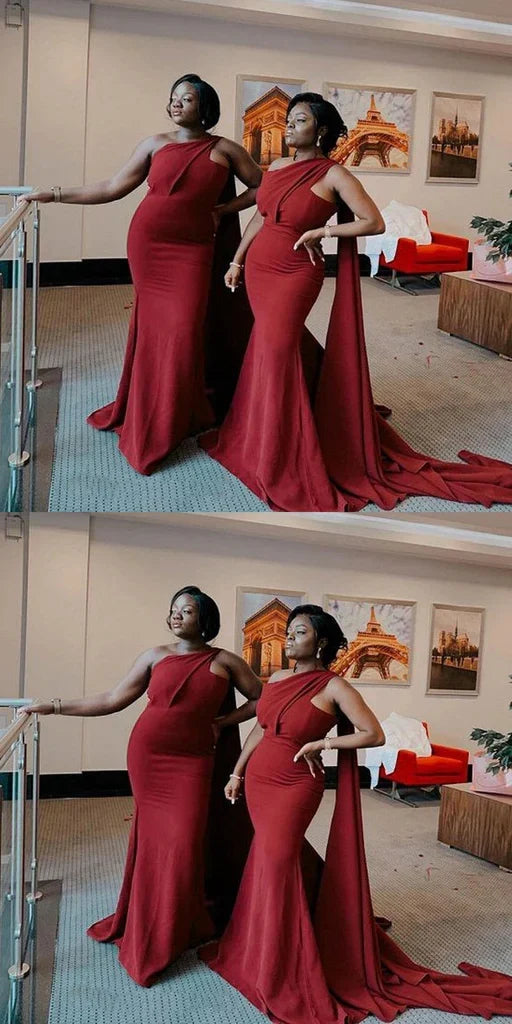 Charming Dark Red Mermaid One Shoulder Sleeveless Cheap Popular Long Wedding Party Bridesmaid Dresses Online, CP243