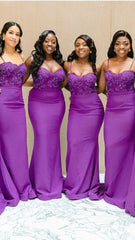 Charming Purple Mermaid Sweetheart Spaghetti Straps Lace Sleeveless Cheap Popular Long Wedding Party Bridesmaid Dresses Online, CP279