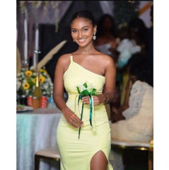 Charming Mermaid One Shoulder Sleeveless Side Slit Cheap Popular Long Wedding Party Bridesmaid Dresses Online, CP283