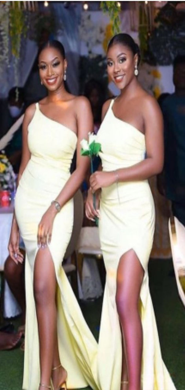Charming Mermaid One Shoulder Sleeveless Side Slit Cheap Popular Long Wedding Party Bridesmaid Dresses Online, CP283