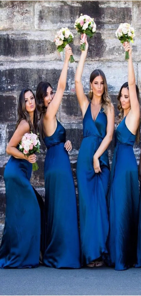 Charming Dark Blue A-Line Spaghetti Straps V Neck Popular Cheap Long Wedding Party Bridesmaid Dresses Online, CP90