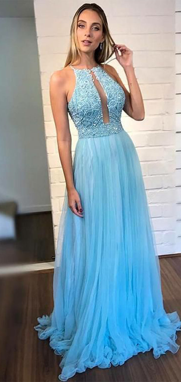 Elegant Baby Blue A-Line Halter Popular Maxi Long Party Prom Dresses,Evening Dress Online, FM523