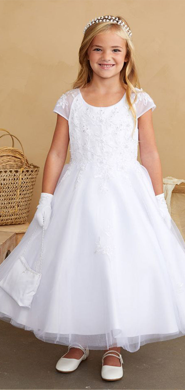 Elegant Round Neck Cap Shoulder Applique Long Cheap Flower Girl Dresses, CPF33
