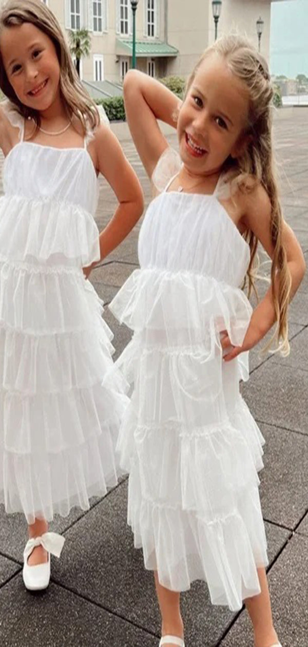 Elegant Cap Shoulder Square Sleeveless Ruffle Long Cheap Flower Girl Dresses, CPF38