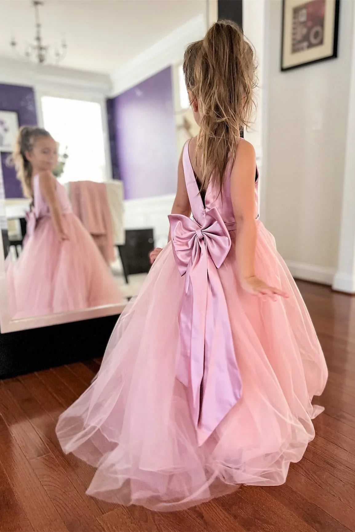 Elegant Dusty Pink Straps V Neck Sleeveless Tulle Long Cheap Flower Girl Dresses, CPF39
