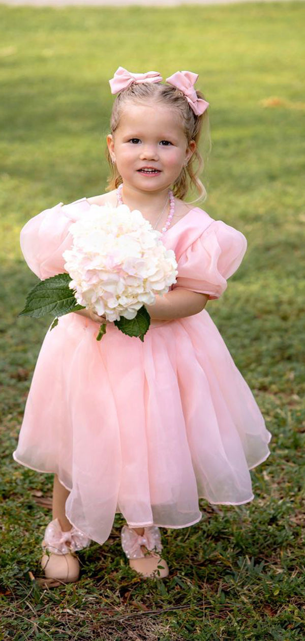 Cute Cap Shoulder Knee Length Tulle Cheap Flower Girl Dresses, CPF44