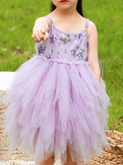 Cute Purple Spaghetti Straps Ruffle Sequin Cheap Flower Girl Dresses, CPF47