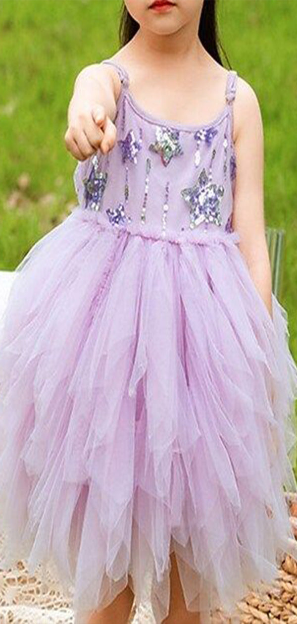 Cute Purple Spaghetti Straps Ruffle Sequin Cheap Flower Girl Dresses, CPF47