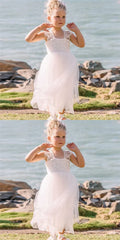 Cute Square Neck Ankle-Length White Flower Girl Dresses with Lace, CPF06