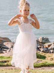 Cute Square Neck Ankle-Length White Flower Girl Dresses with Lace, CPF06