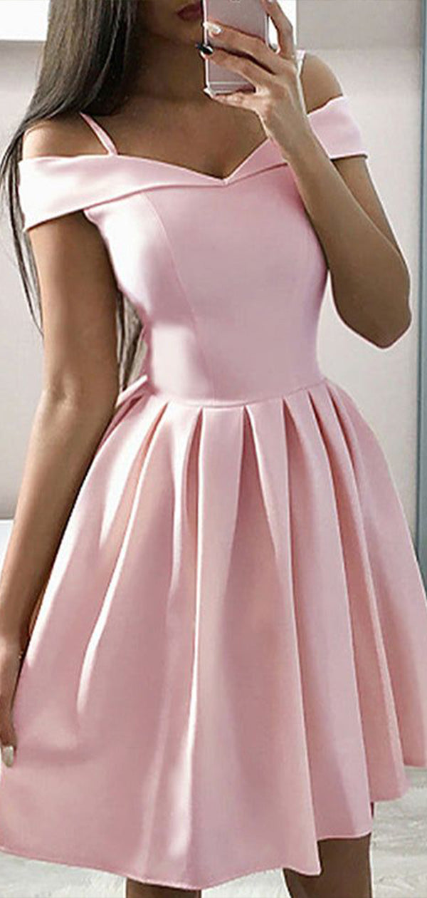 Elegant Pink Spaghetti Straps Off Shoulder Sleeveless Popular Short Homecoming Prom Dress, CPH129