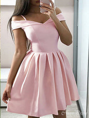 Elegant Pink Spaghetti Straps Off Shoulder Sleeveless Popular Short Homecoming Prom Dress, CPH129
