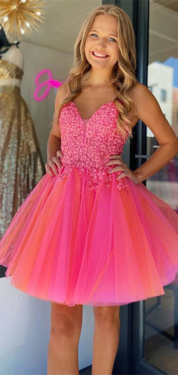 Elegant Spaghetti Straps V Neck Sleeveless Applique Popular Short Homecoming Prom Dress, CPH137