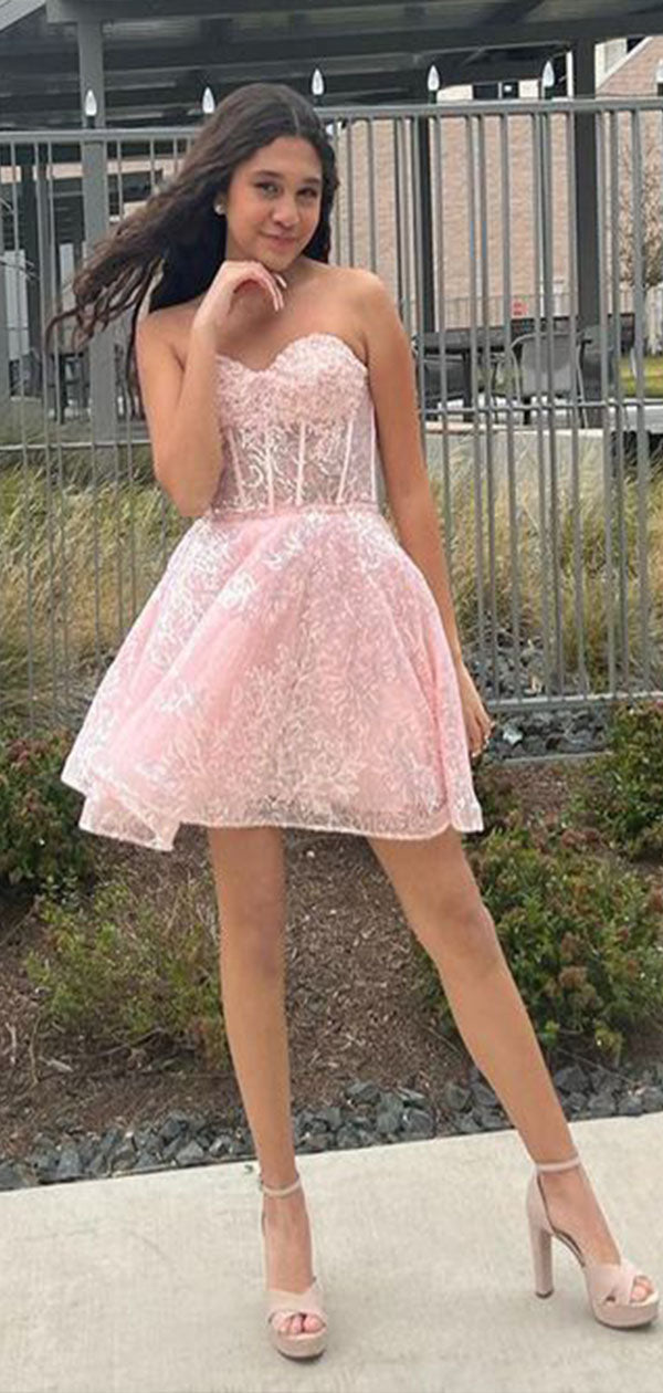 Charming Pink Sweetheart Sleeveless Lace Popular Short Homecoming Prom Dress, CPH143