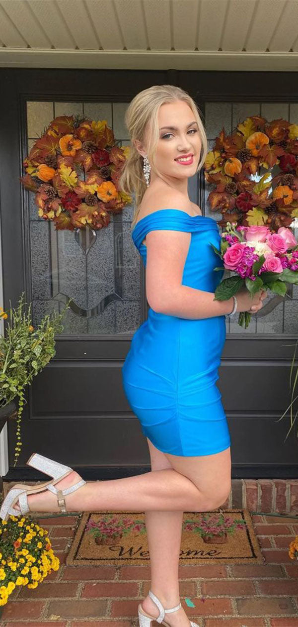 Charming Blue Off Shoulder Strapless Sleeveless Popular Short Homecoming Prom Dress, CPH151